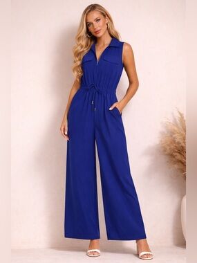 Calvin Klein Sleeveless Collared Wide-Leg sleeveless Jumpsuit in Cobalt Blue/12